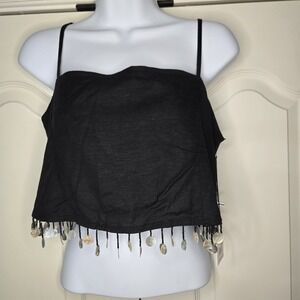 Jason Wu Linen Blend‎ Beaded Fringe Shell Crop Top Black Size 6 NWT Lined Party